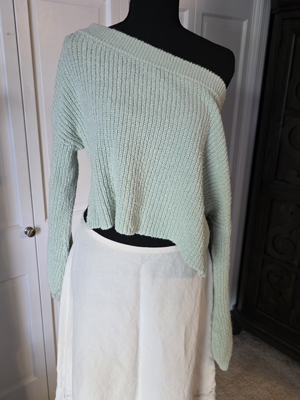 LA Hearts Mint Green Off Shoulder Cropped Sweater Cotton Knit Size M